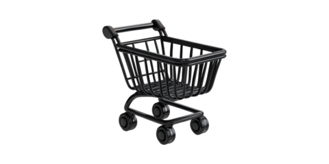 Black mini shopping cart with wheels isolated on transparent background