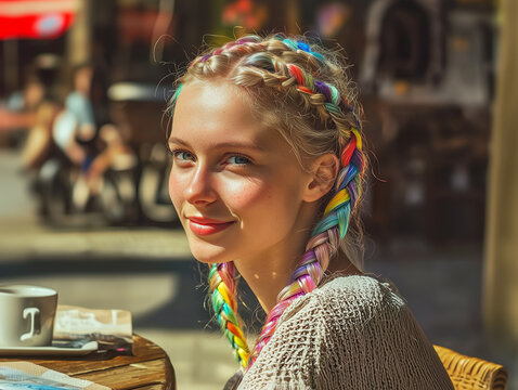 Rainbow reigns. Chromatic Braids: Summer hairstyle explosion. Vibrant color streaks woven into braids, celebrating playful self-expression.
