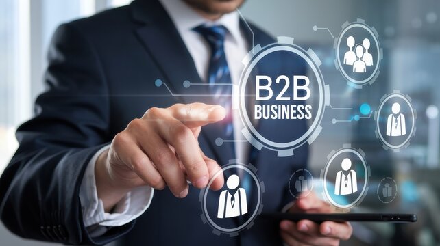 Businessman interacting with a virtual btb business interface