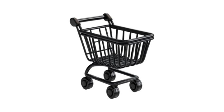 Black mini shopping cart with wheels isolated on transparent background