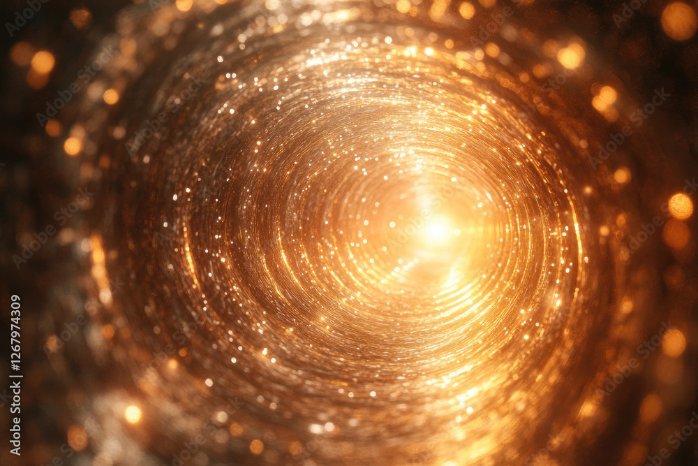 Poster Golden spiral of light and particles, glowing brightly, creating a mesmerizing tunnel effect.