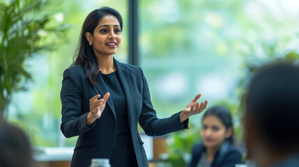 Confident Indian businesswoman giving a Professional presentation in a business suit, gesturing while speaking in modern Office 