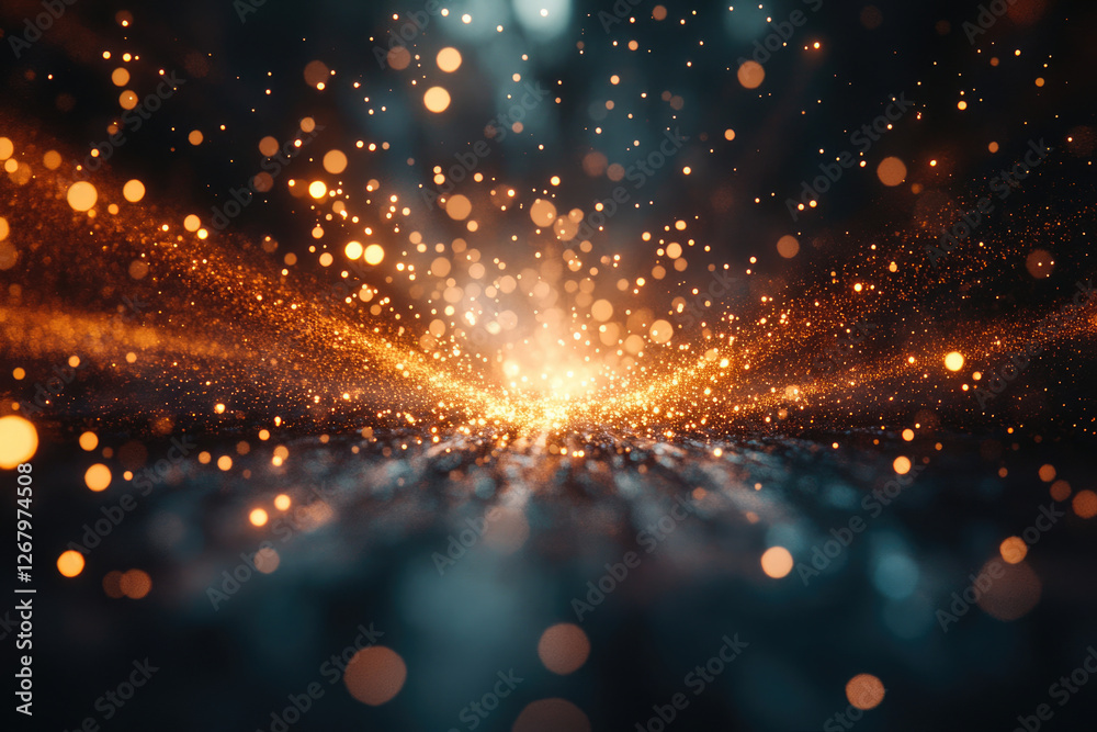 Poster glowing particles converge at the center creating a radiant, dark and magical effect.