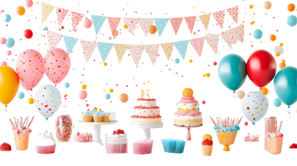 A festive party set featuring decorations, balloons, and confetti for a joyous event.