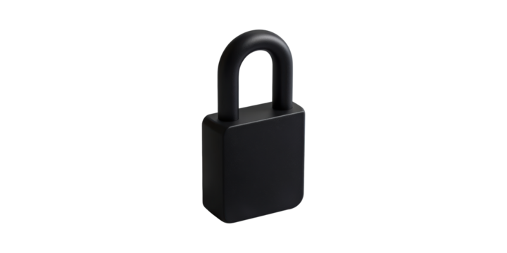 Black padlock security device isolated on transparent background