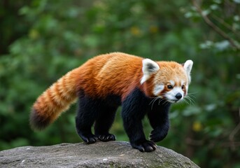 Fototapeta premium A red panda walking on a rock, with a reddish-brown coat, black markings, and a bushy striped tail, set against a blurry green foliage background.
