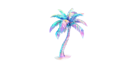 Vibrant iridescent palm tree illustration with colorful gradient isolated on transparent background