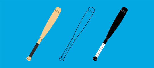 Baseball bat set icon: color, outline, black and white. For sports themes, outdoor games and team activity concepts. Flat vector on coloured background.