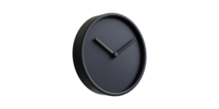 Sleek black wall clock with minimalist design isolated on transparent background