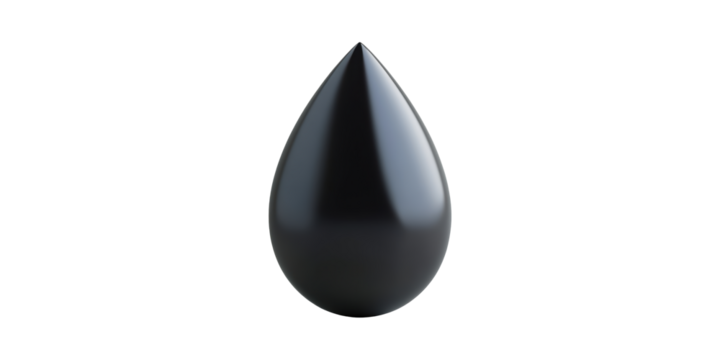 Glossy black teardrop-shaped object isolated on transparent background