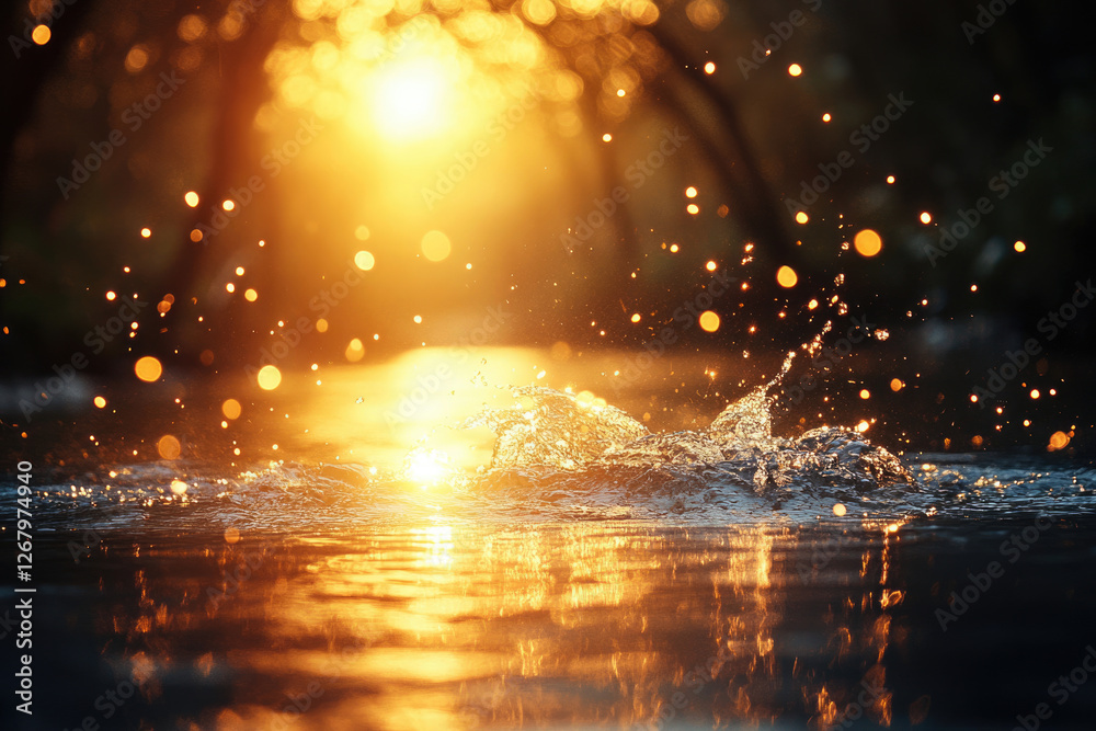 Poster golden sunset illuminating water droplets splashing on a serene lake, creating a magical scene.