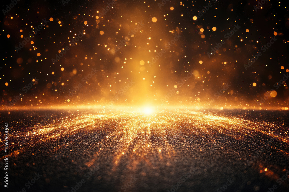 Poster Golden glitter sparkles on dark surface, creating a magical, celestial scene with glowing bokeh.