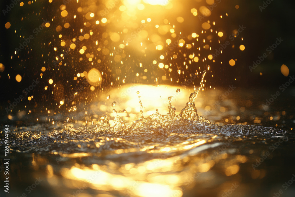 Poster Golden hour water droplets splashing, creating a mesmerizing bokeh effect.