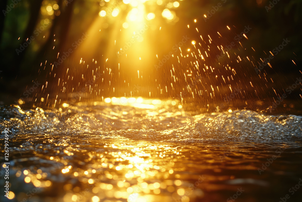 Aufkleber golden sunset rays illuminating splashing water, creating a magical scene.