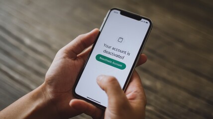 Person holds smartphone with deactivated account message on screen