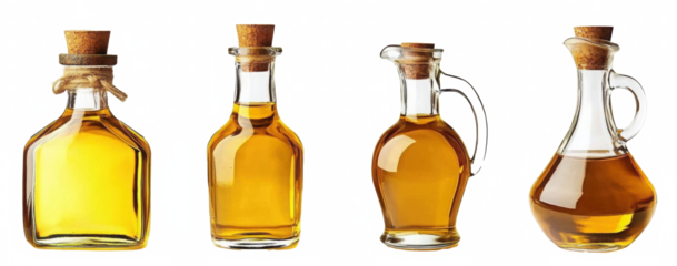 bottles of golden oil different shapes corked transparent background