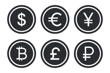Currency Icon Set with Dollar, Euro, British Pound, Chinese Yuan, and Bitcoin Symbols. Popular International Money Signs. Vector Illustratio