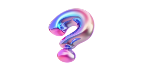 Metallic iridescent question mark sculpture isolated on transparent background