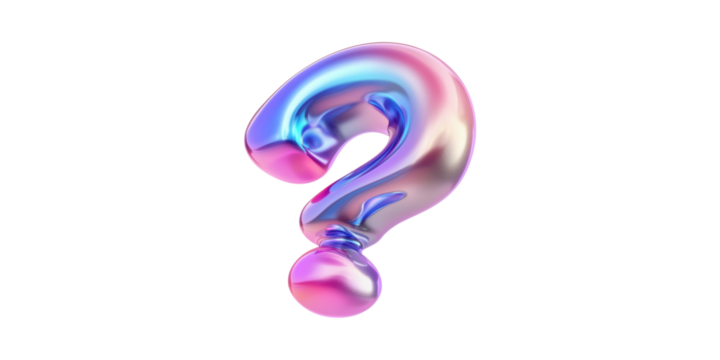 Metallic iridescent question mark sculpture isolated on transparent background - Powered by Adobe