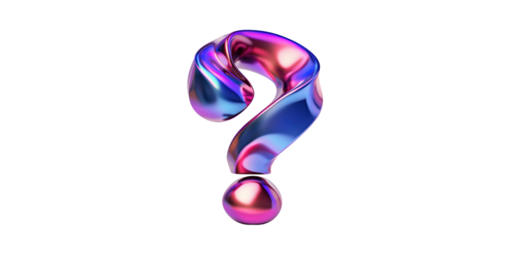 Vibrant metallic question mark with gradient colors isolated on transparent background