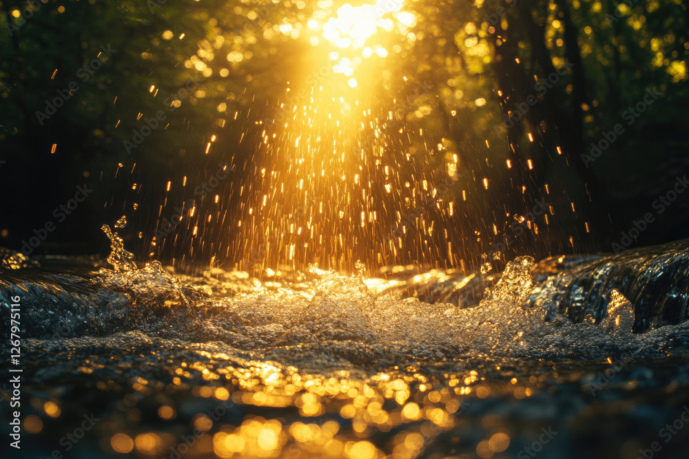 Poster golden sunlight illuminates splashing water in a forest stream, creating a magical, serene scene.
