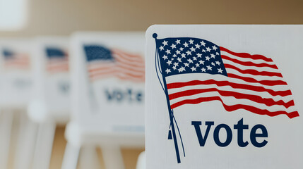 Vote signs displaying an American flag symbolize civic engagement and democratic participation in elections. Encouraging citizens to exercise their right to vote.