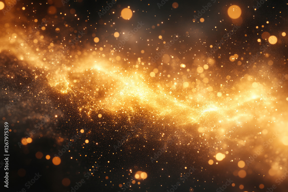Poster a mesmerizing cosmic swirl of golden dust and shimmering particles on a dark background.