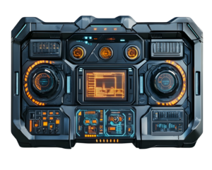 A futuristic control panel with various dials and switches, representing advanced machinery.