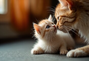 Obraz premium Adorable kitten and mother cat nose-to-nose in a warm, intimate moment