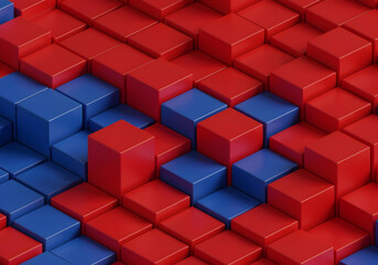 Abstract 3D geometric background with red and blue cubes in varying sizes, creating a modern, vibrant, and visually appealing design. png