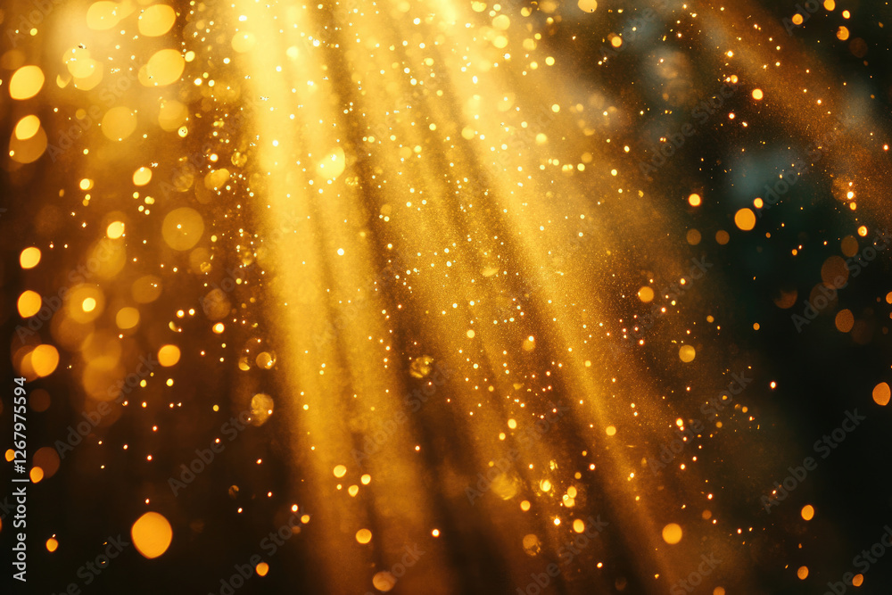 Poster Golden light rays illuminate a dark background, creating a magical, glittering bokeh effect with sparkling dust and particles.
