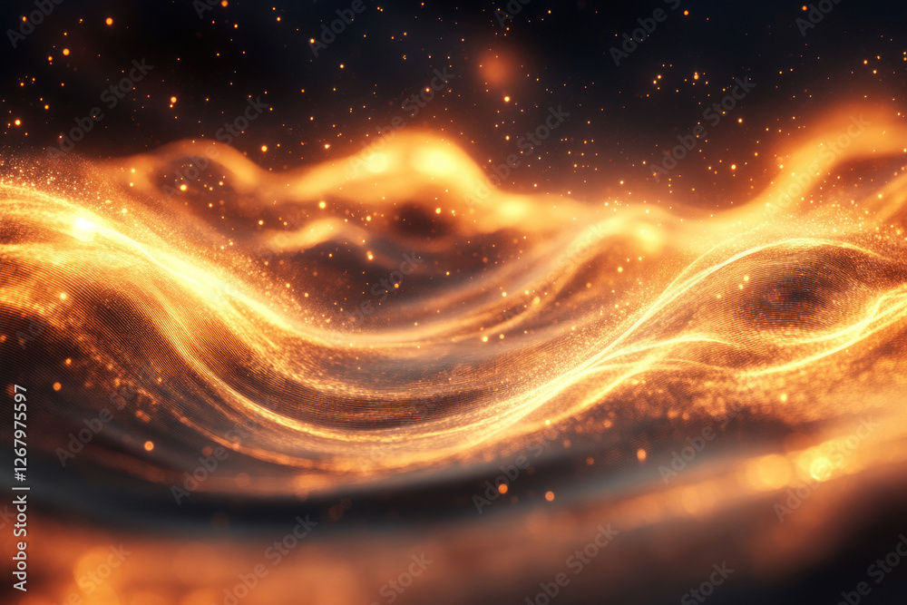 Aufkleber Abstract golden waves with glittering particles flow dynamically in dark space.  A mesmerizing digital art piece.