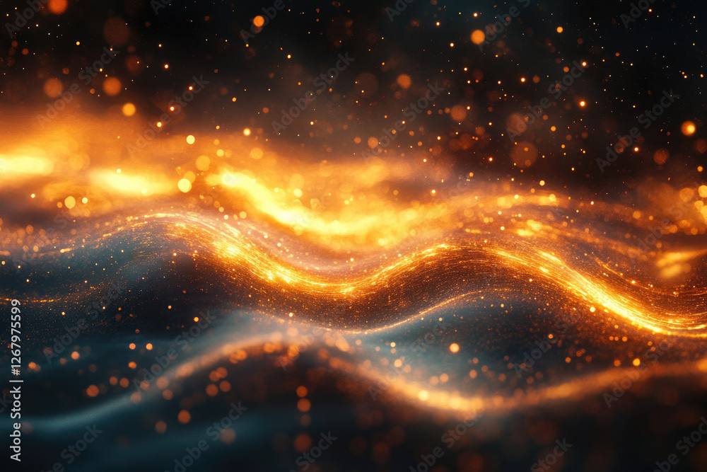 Poster Glowing orange particles form undulating waves, creating a mesmerizing abstract cosmic landscape.