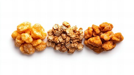 Three piles of breakfast cereals in golden hues against a white backdrop. A healthy and delicious start to the day!
