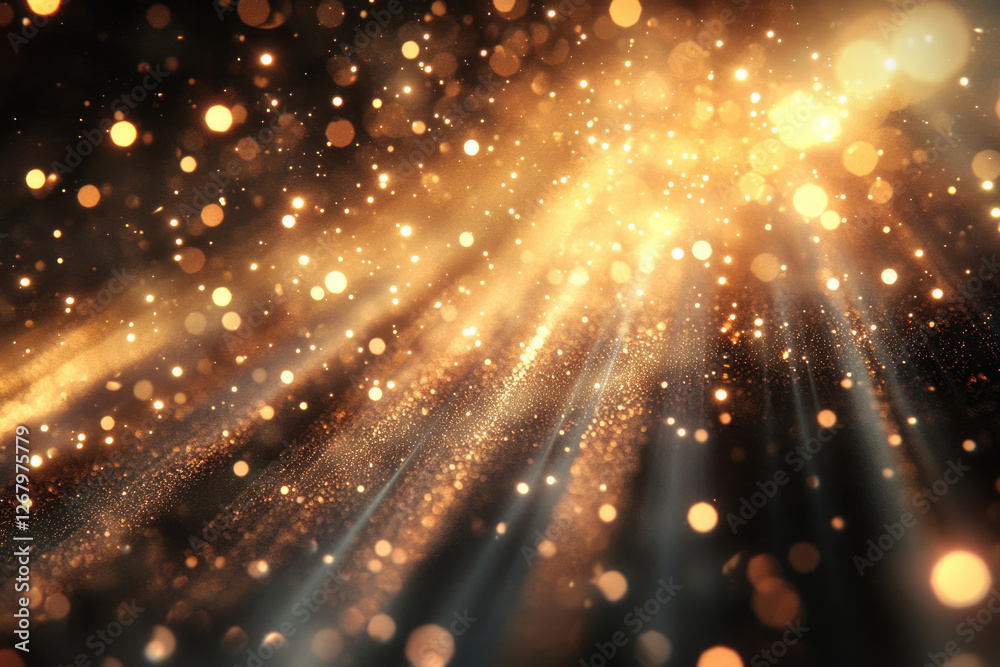 Poster golden glitter sparkles radiate from a central point, creating a luxurious and magical scene.