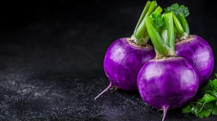 Vibrant purple turnips, freshly harvested, gleam against a dark background.  A splash of green from the leafy tops adds a fresh contrast.