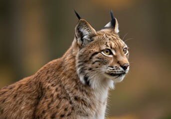 Obraz premium A Eurasian lynx in a natural setting, side profile, alert expression, short fur with dark brown and black spots, white underbelly, black tufted ears, autumn atmosphere, warm lightning