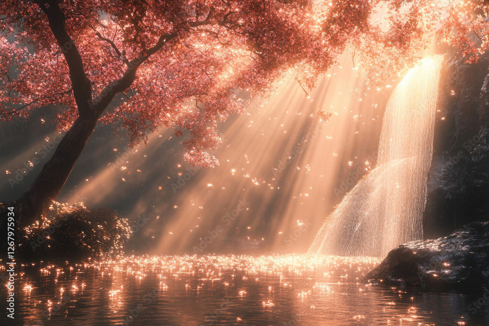Poster Sunbeams illuminate a serene waterfall cascading into a tranquil pool, surrounded by a breathtaking autumnal forest.