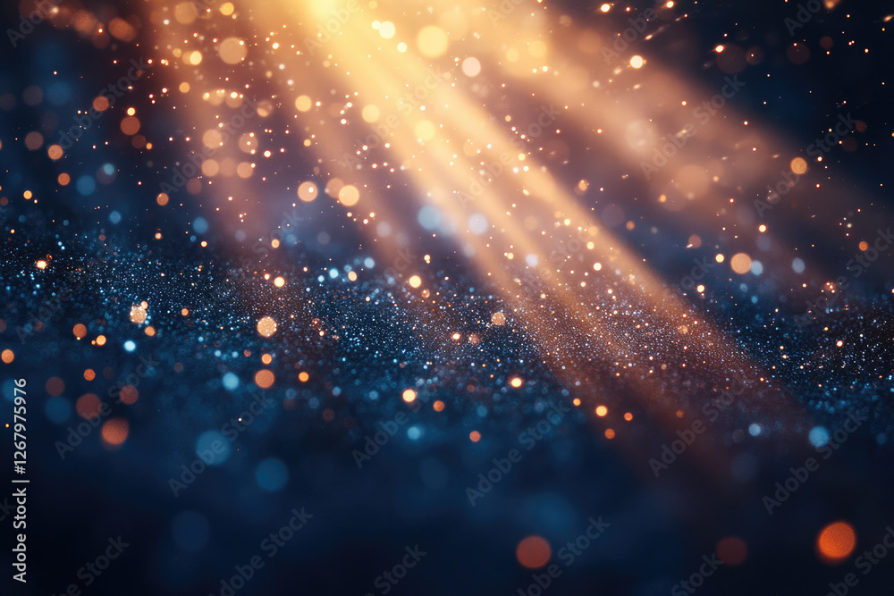 Poster golden light beams illuminate a dark, glittering surface, creating a magical, bokeh-filled scene.