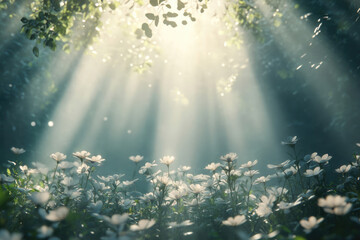 Obraz premium Sunbeams illuminate a serene forest clearing, where delicate white flowers bloom in a mystical atmosphere.