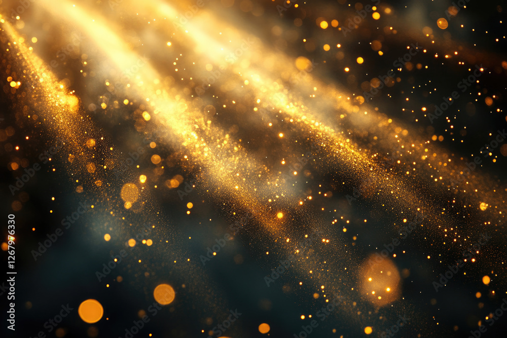 Poster Golden glitter particles floating in dark space, illuminated by bright beams of light, creating a magical, luxurious feel.