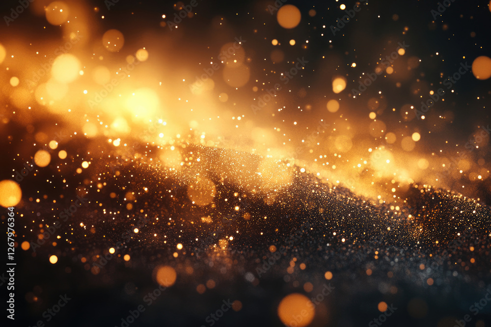Poster Golden glitter particles floating in the dark, creating a magical, dreamy and luxurious atmosphere.