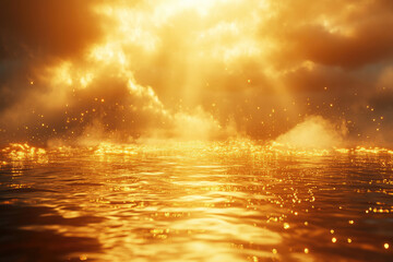 Golden sunset reflecting on calm water, glittering with magical particles.