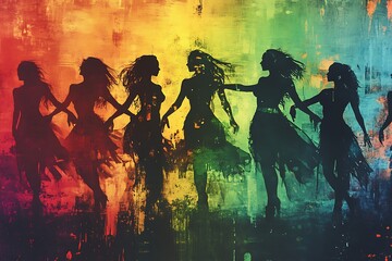 Colorful silhouette women dance outdoors