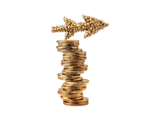 A gold arrow pointing up towards stacks of coins, representing financial growth and economic success.