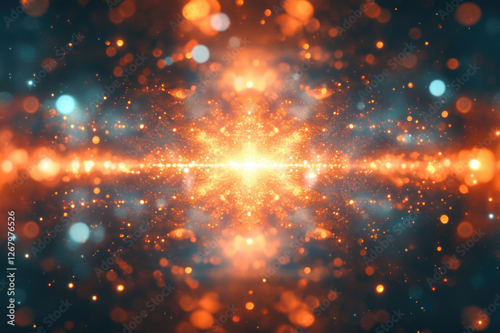 Poster Abstract cosmic explosion of fiery orange and teal particles, creating a mesmerizing symmetrical pattern.