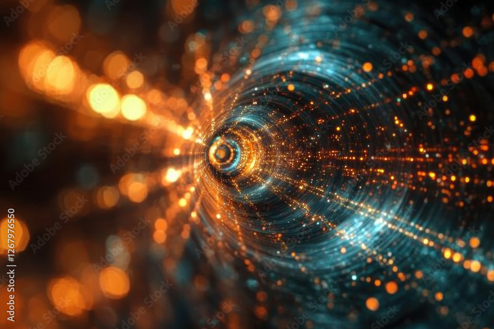 Poster abstract swirling tunnel of vibrant orange and teal lights, creating a mesmerizing cosmic effect.