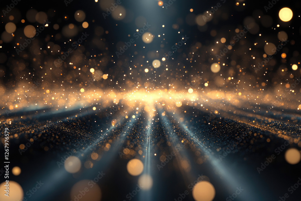 Poster glimmering golden particles on dark background, creating a magical, luxurious, and elegant effect.