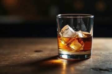 Whiskey glass on wooden counter with frosty ice, wood, whiskey