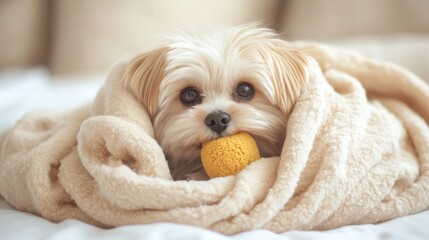 Cute fluffy dog snuggled in a blanket holding a yellow toy in a cozy indoor setting
